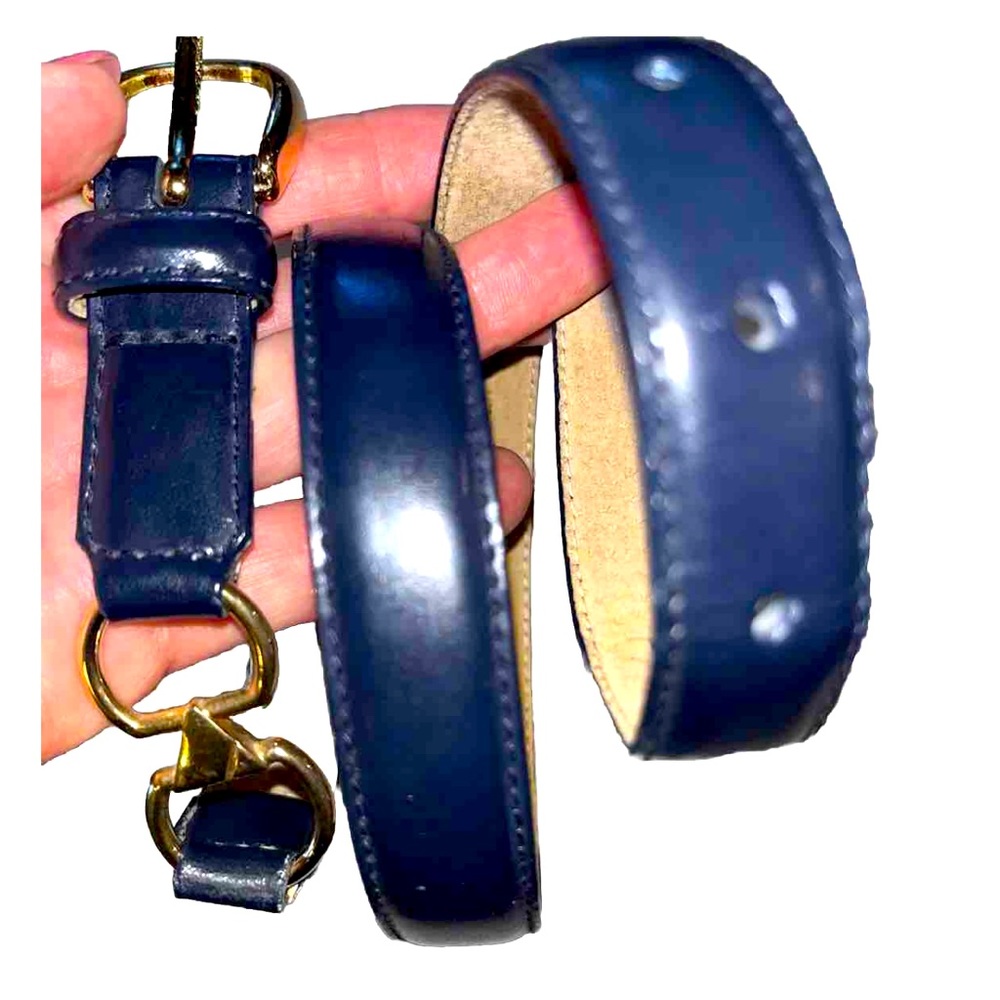 Liz Claiborne blue belt gold loop links 25- 29” Small Leather 1" Gold Buckle 90s